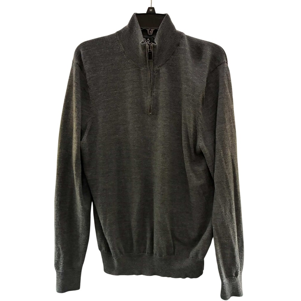 Jos A Bank Traveler Sweater Mens L Gray 100% Merino Wool Quarter Zip Quiet
